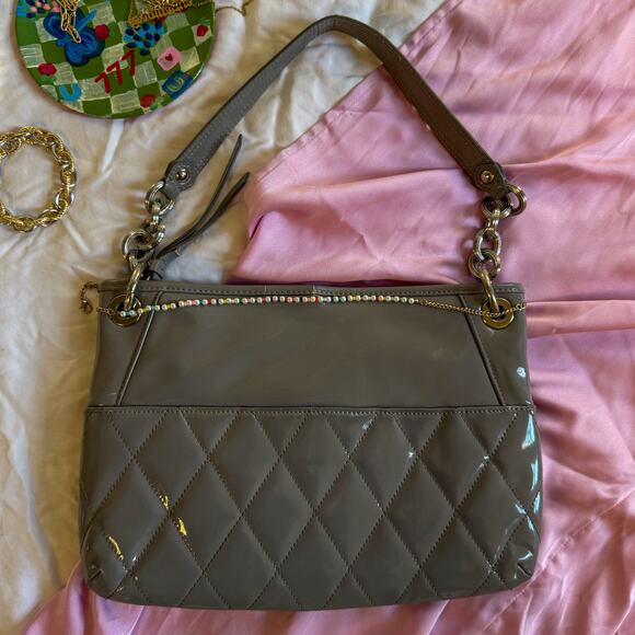 COACH F17638 Quilted Patent Leather Shoulder Bag | Taupe Gray Pop Pocket Hobo - Picture 7 of 10